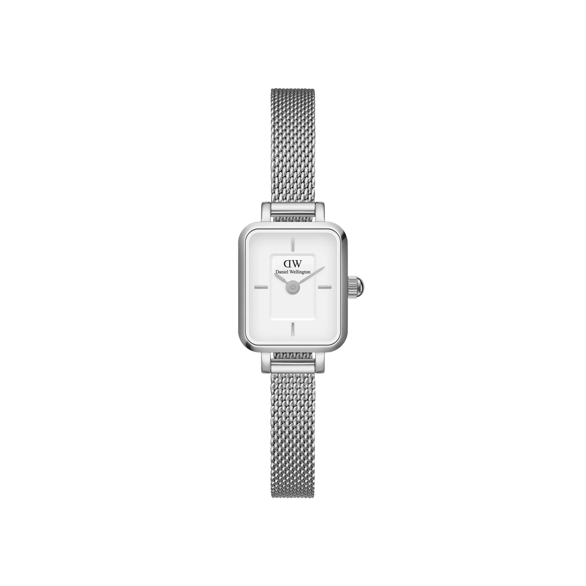 De coole hoekjes van Quadro, verkleind tot ons kleinste horloge ooit. Deze versie van Quadro Mini heeft onze meest klassieke kleurstelling, met een verwisselbare zilveren mesh-band.