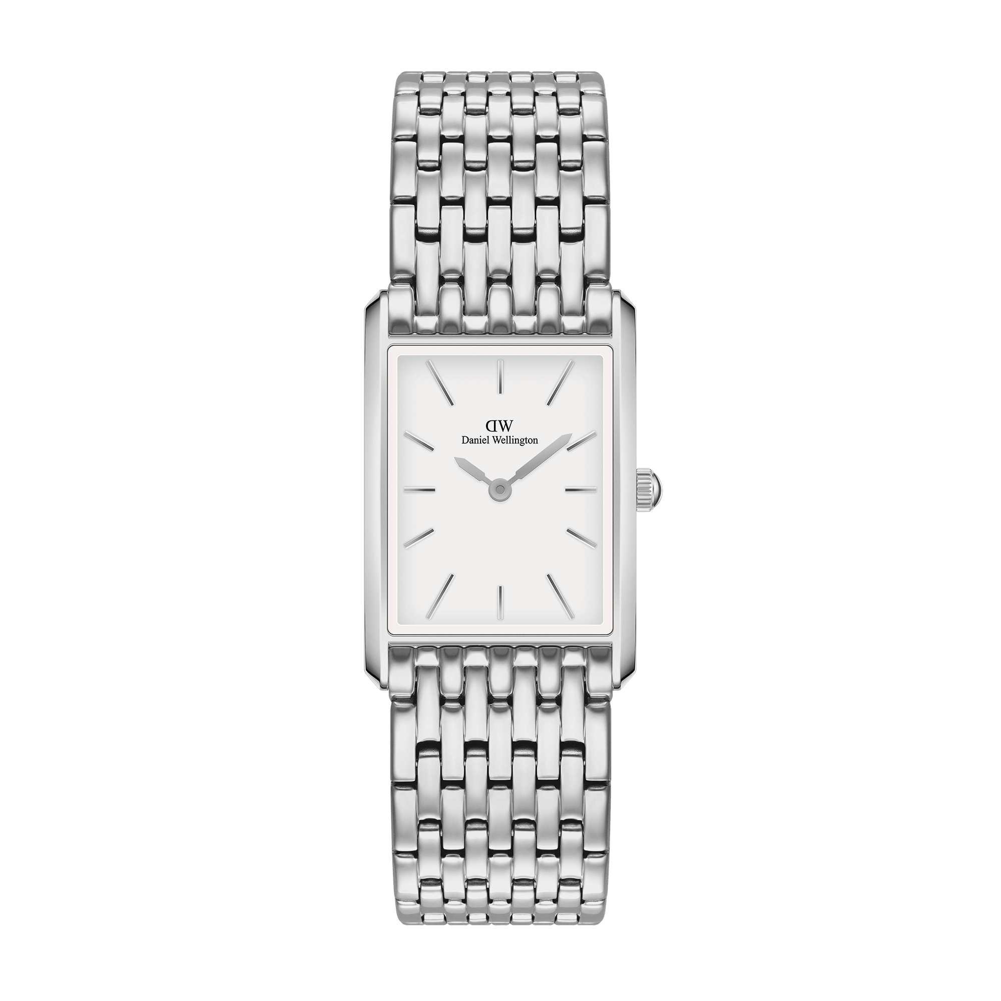 Met strakke geometrische randen en twee maten om uit te kiezen, brengt onze Bound-collectie perfecte symmetrie aan je pols. De gebogen rechthoekige kast van dit zilveren horloge komt exact overeen met de breedte van de band met 9 schakels, waardoor je een naadloos ge&iuml;ntegreerde wijzerplaat krijgt.