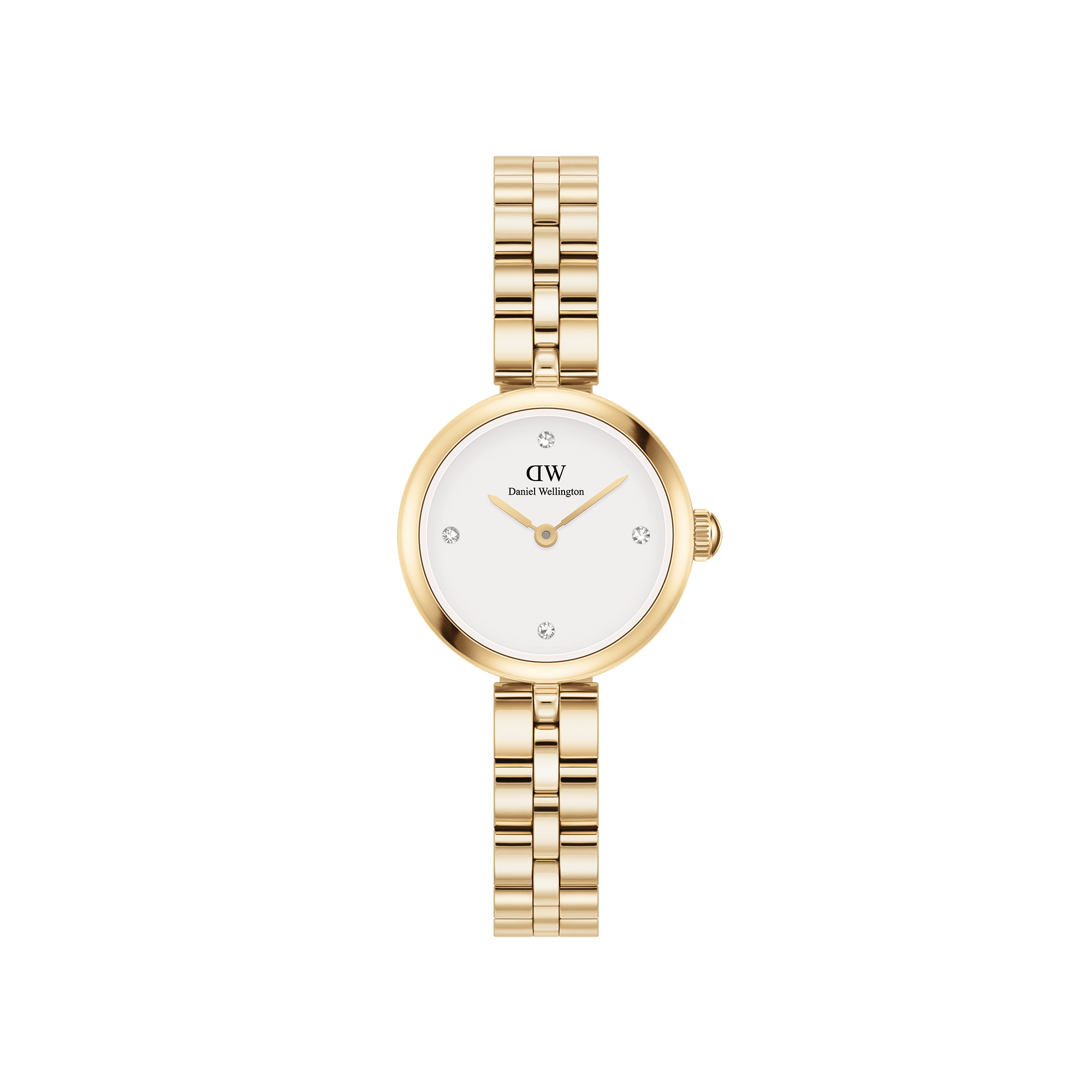 Elan Lumine, de eerste cross-over tussen onze sieraden- en horlogecollecties, deelt dezelfde delicate silhouet- en logo-ontwerpdetails als de gelijknamige stukken. Voorzien van een gouden band met 3 schakels en kristallen op de witte wijzerplaat.