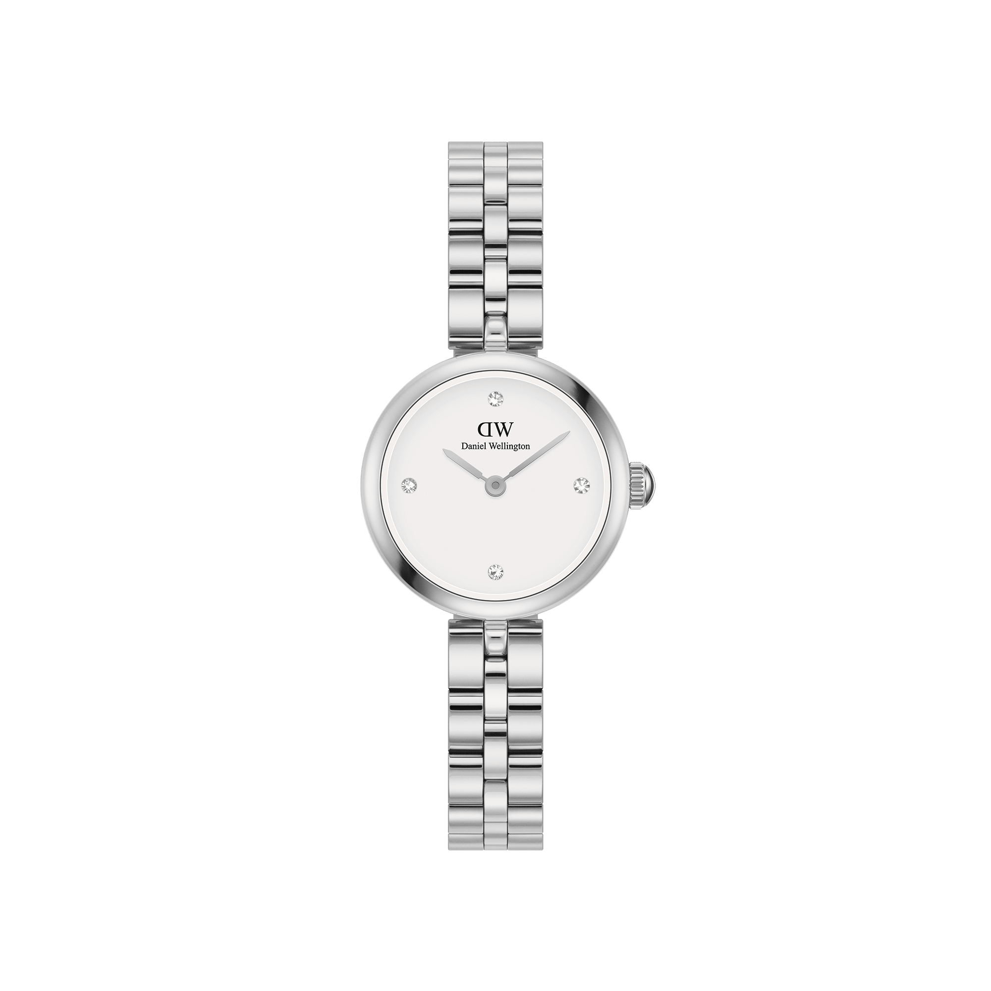Elan Lumine, de eerste cross-over tussen onze sieraden- en horlogecollecties, deelt dezelfde delicate silhouet- en logo-ontwerpdetails als de gelijknamige stukken. Voorzien van een zilveren band met 3 schakels en kristallen op de witte wijzerplaat.