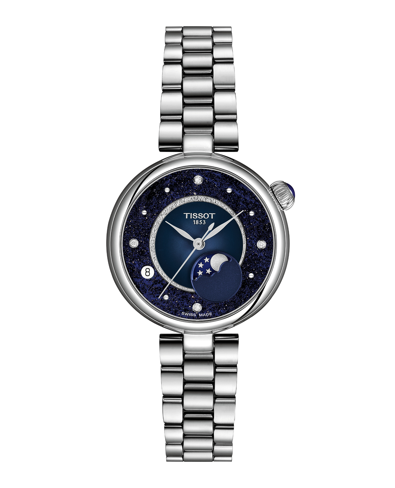 Tissot - Desir 29.6mm staal dameshorloge, Quartz, Maanfase, 50 meter WR, Saffierglas, bezet met briljant geslepen diamanten - T1522231149600