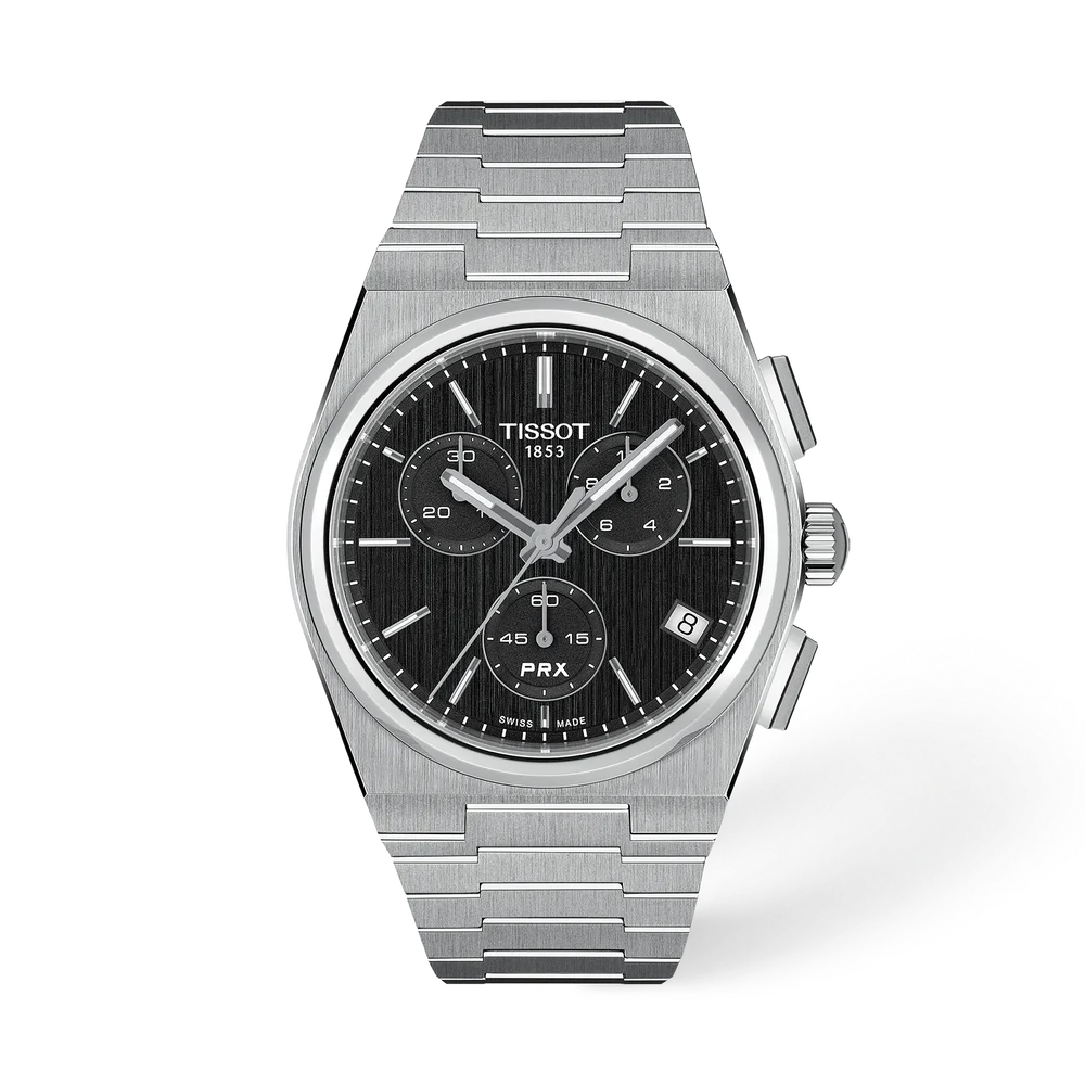 Polshorloge Tissot model PRX CHrono met zwarte wijzerplaat en stalen band
