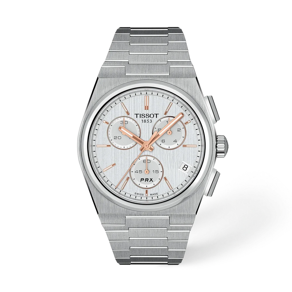 Polshorloge Tissot model PRX Chrono met zilver kleurige wijzerplaat met ros&eacute; index en stalenband.