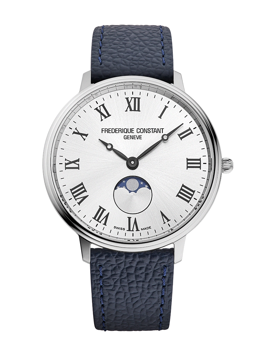 De Frederique Constant Classic Quartz Moonphase FC-206RS3S6 is een elegante polshorloge met een zilverkleurige ronde kast van roestvrij staal en saffierglas. De blauwe lederen band harmoniseert perfect met de zilveren wijzerplaat met Romeinse cijfers en streepjespatroon. Met Zwitserse quartz uurwerk en waterbestendigheid tot 5 ATM. Draag het bij formele gelegenheden voor een verfijnde uitstraling. 
