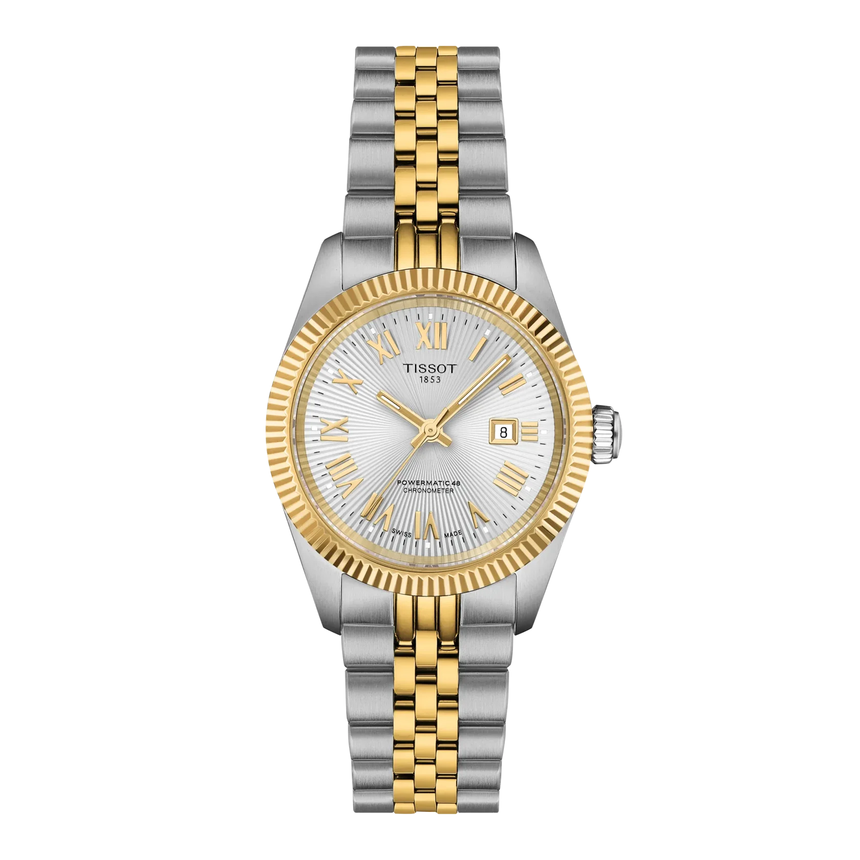 De Tissot Ballade Chronometer (modelnummer T1562082203301) is een elegante dameshorloge met een roestvrijstalen kast en band in goud-zilverkleur, met een saffierglas. Het heeft een analoge wijzerplaat met Romeinse indexen en een grijze wijzerplaat. Dit automatische, Zwitserse horloge is waterbestendig tot 10 ATM en heeft een datumfunctie. Perfect voor zowel zakelijke als formele gelegenheden.