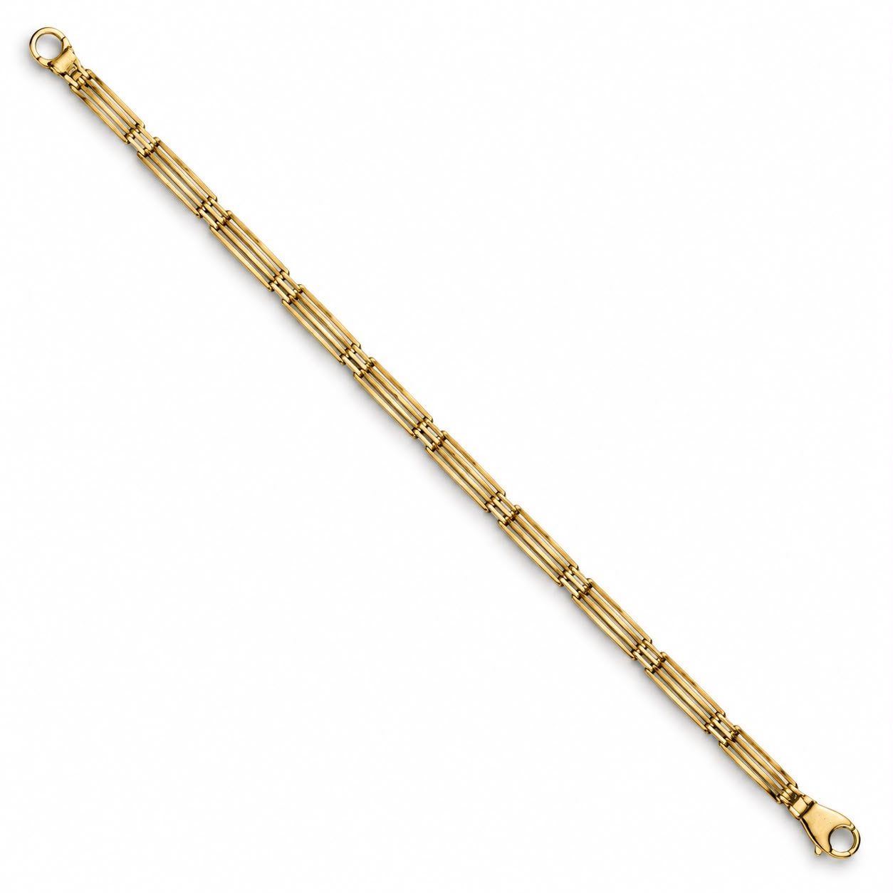 Occasion geelgouden armband van 14 karaat goud.
Geschakeld door pennen in de armband, waardoor deze armband prachtig rond de pols valt.
14 karaat, de lengte is 19.5cm, en het gewicht is 12,85 gram