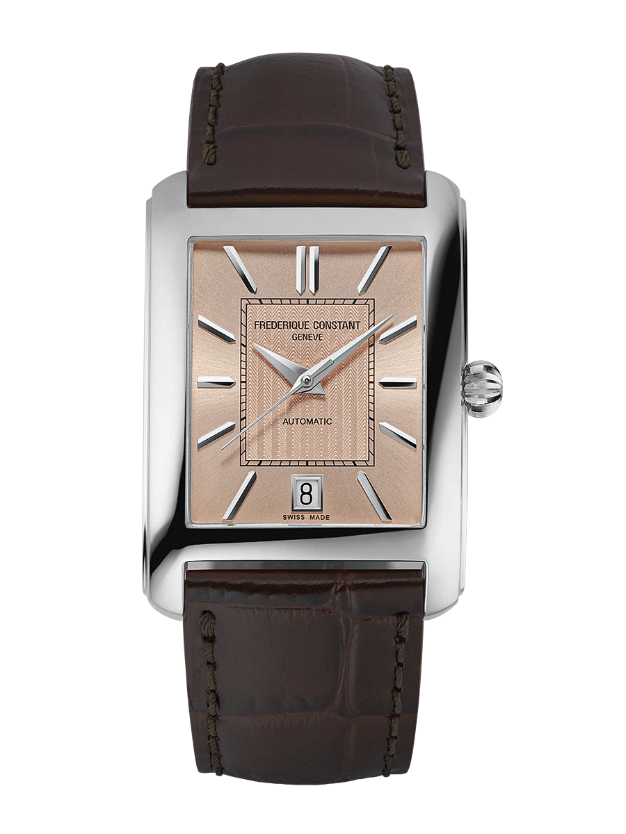 De Frederique Constant Carree Automatic FC-303SAL4C6 is een stijlvolle herenhorloge met een roestvrijstalen, rechthoekige zilverkleurige kast en een bruine leren band. Het heeft een saffierglas, roze-gouden wijzerplaat met strepen en automatische Zwitserse beweging. Waterbestendig tot 3 ATM en is hypoallergeen. Perfect voor formele gelegenheden. 