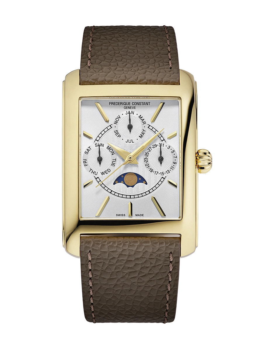 De Frederique Constant Carree Calendar Moonphase FC-265S4C5 is een elegante polshorloge met een rechthoekige, goudkleurige roestvrijstalen kast. Het heeft een analoge display met zilverkleurige wijzerplaat en streepaanduidingen. Voorzien van een bruine lederen band, datumfunctie, en Zwitserse quartz beweging. Draag het bij formele gelegenheden voor een verfijnde uitstraling. Waterbestendig tot 3 ATM.