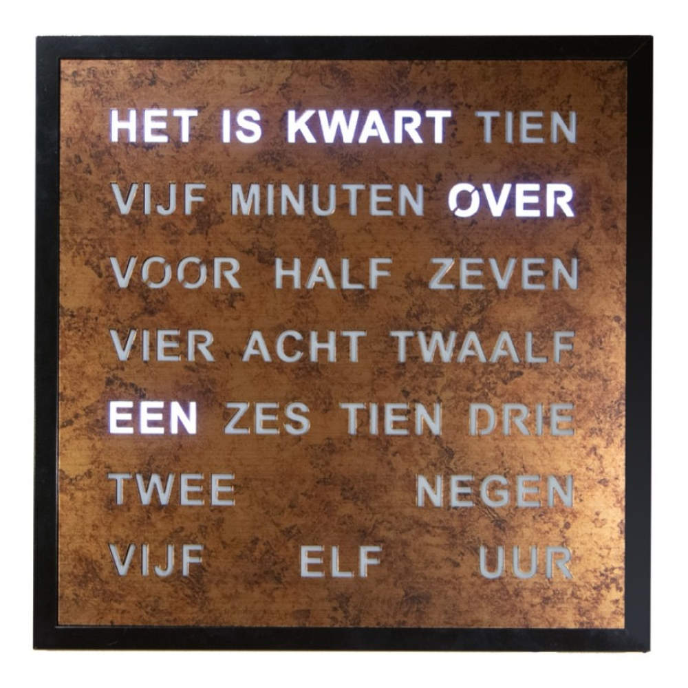 De WOORDKLOK is een innovatieve klok die de tijd in woorden weergeeft in plaats van cijfers. Met zijn minimalistisch design voegt het een stijlvolle touch toe aan elk interieur. Ideaal voor zowel thuis als op kantoor. Het dragen is niet van toepassing, want het is een decoratief item voor wand- of tafelgebruik. Perfect voor liefhebbers van unieke interieurstukken.