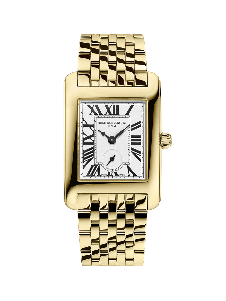 De Frederique Constant Carree Small Seconds FC-235S2C5B horloge heeft een rechthoekige kast van roestvrij staal met een gouden kleur, wit wijzerplaat met Romeinse cijfers en een saffierglas. De horlogeband is goudkleurig en gemaakt van roestvrij staal. Het horloge is hypoallergeen, en heeft een Zwitsers quartz uurwerk. Draag dit elegante horloge bij formele en chique gelegenheden.