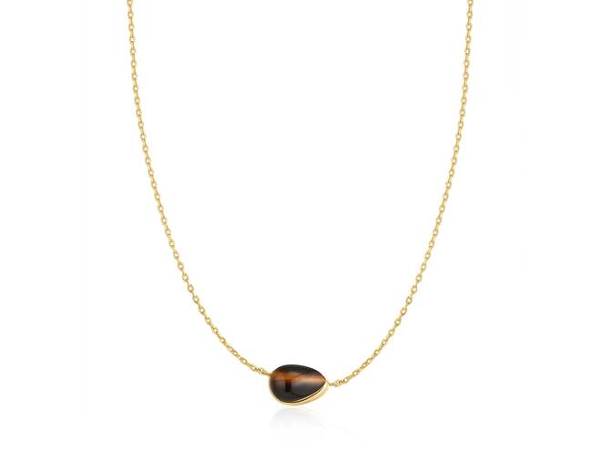 Ania Haie zilver verguld collier Wanederer Gold Bezel TigerEye Organic Dome Pebble