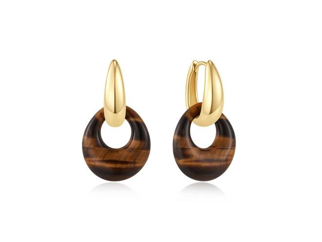 Ania Haie zilver vegulde oorringen met hangers Wanderer Gold Hollow TigeEye Organic Pebble Drop.
