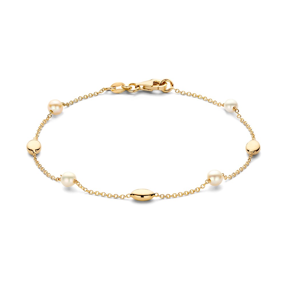 Geelgouden armband met parels en gouden elementen.
