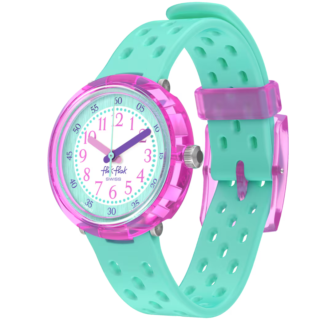 Maak kennis met het FIZZ IN MINT kinderhorloge! Het is fris en leuk met een mintgroen horlogebandje en een coole turquoise wijzerplaat. Een perfect cadeau voor kinderen die leren klokkijken, en voegt een vleugje kleur toe aan elke dag.