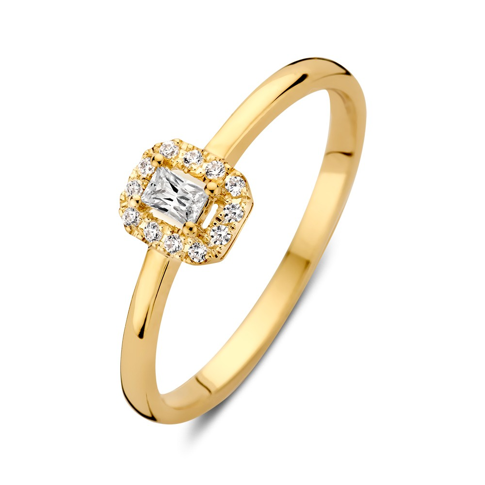 Ring geelgoud zirkonia
14 Karaat Elegante, geelgouden ring met entouragezetting en een emerald geslepen zirkonia. 