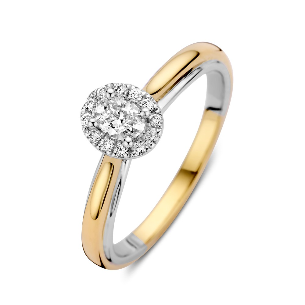 Ring bicolor briljant 0.32 crt.
14 Karaat Bicolor wit- en geelgoud ring met ovale middensteen in entourage zetting. Prachtig om solo te dragen, maar ook perfect met andere ringen te combineren dankzij de elegante zetting.