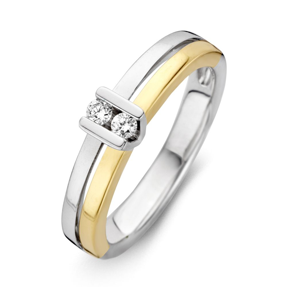 14 Karaat geel met witgouden dames fantasie ring met 0.10 crt briljant H/SI