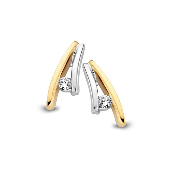 14 Karaat geel met witgouden oor stekers met 0.06 crt briljant H/SI.