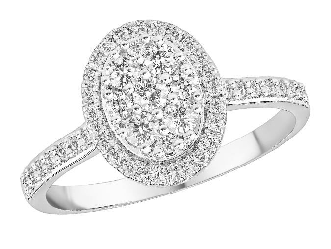 Een elegante verlovingsring van 18-karaats witgoud met ovale zetting van verschillende briljanten van 0.52ct int totaal. Verkrijgbaar in verschillende maten. Een schitterende ring voor vele jaren. 