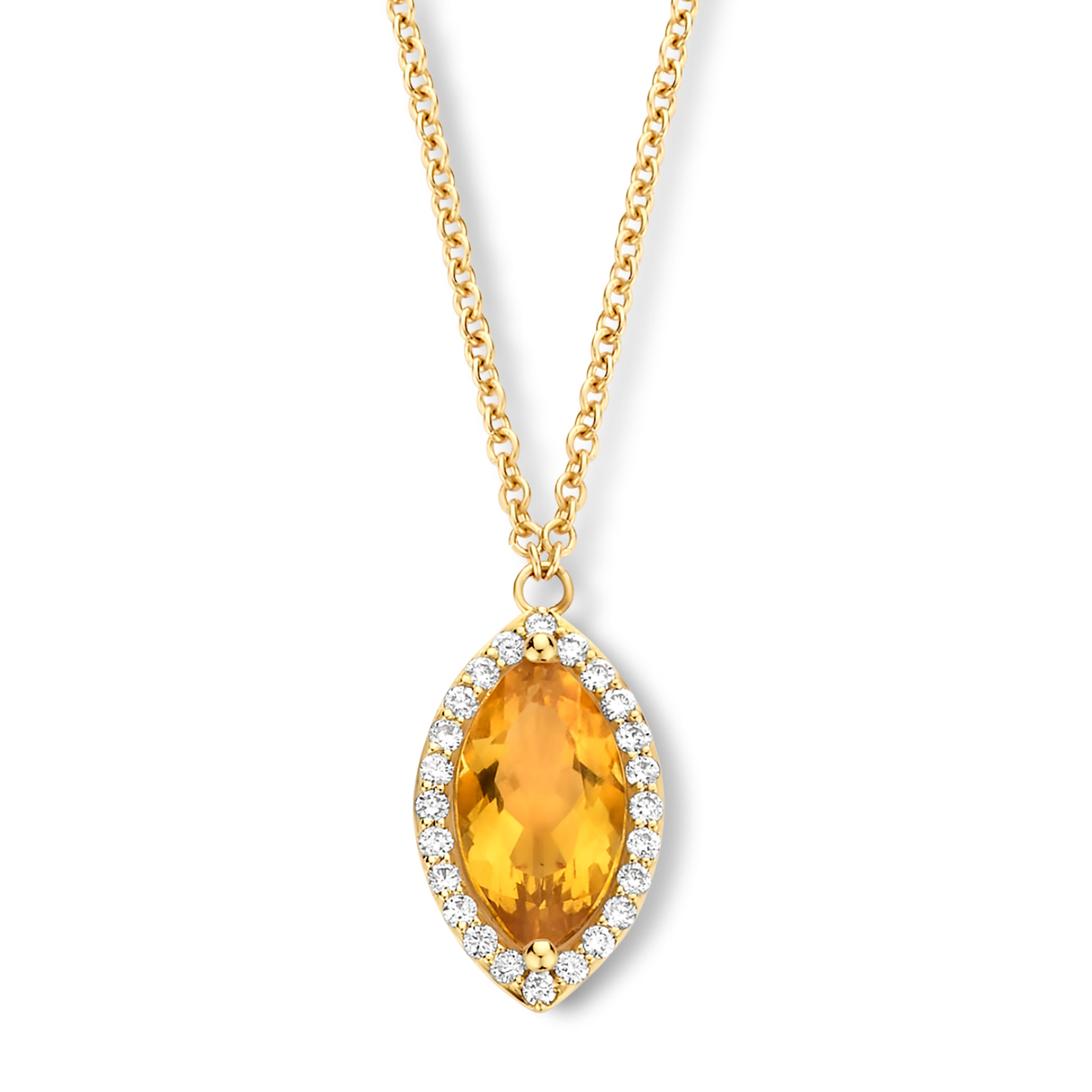 Een prachtige geelgouden halsketting van 18-karaats goud met citrien en diamanten hanger Perfect te combineren met andere gouden sieraden.