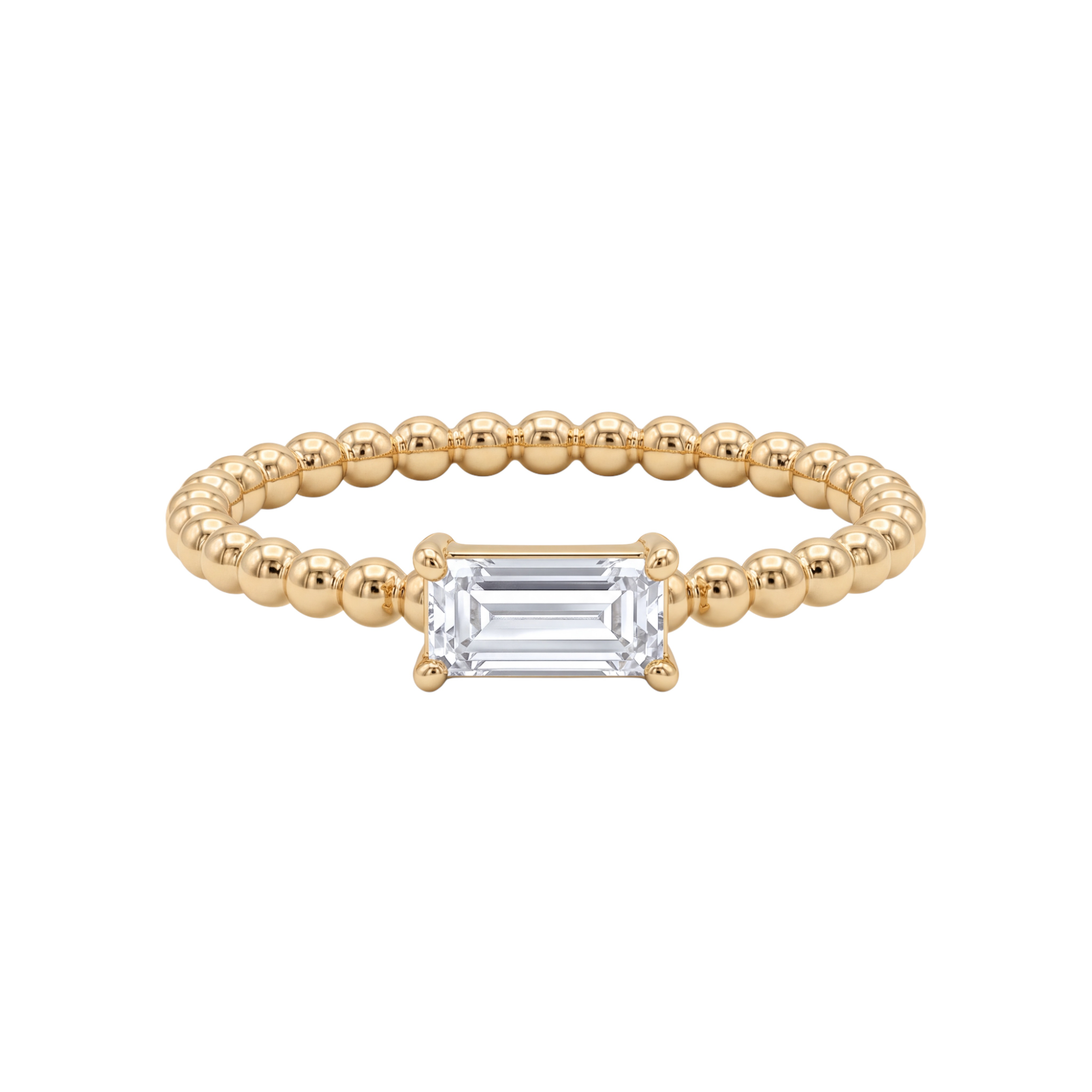Deze 14K Gouden Solitaire Ring met Emerald Cut Zirkonia en een textuurband biedt een elegante uitstraling. Draag deze verfijnde ring solo voor een klassieke touch of combineer met andere gouden sieraden voor een gelaagd effect. Perfect voor elke gelegenheid.