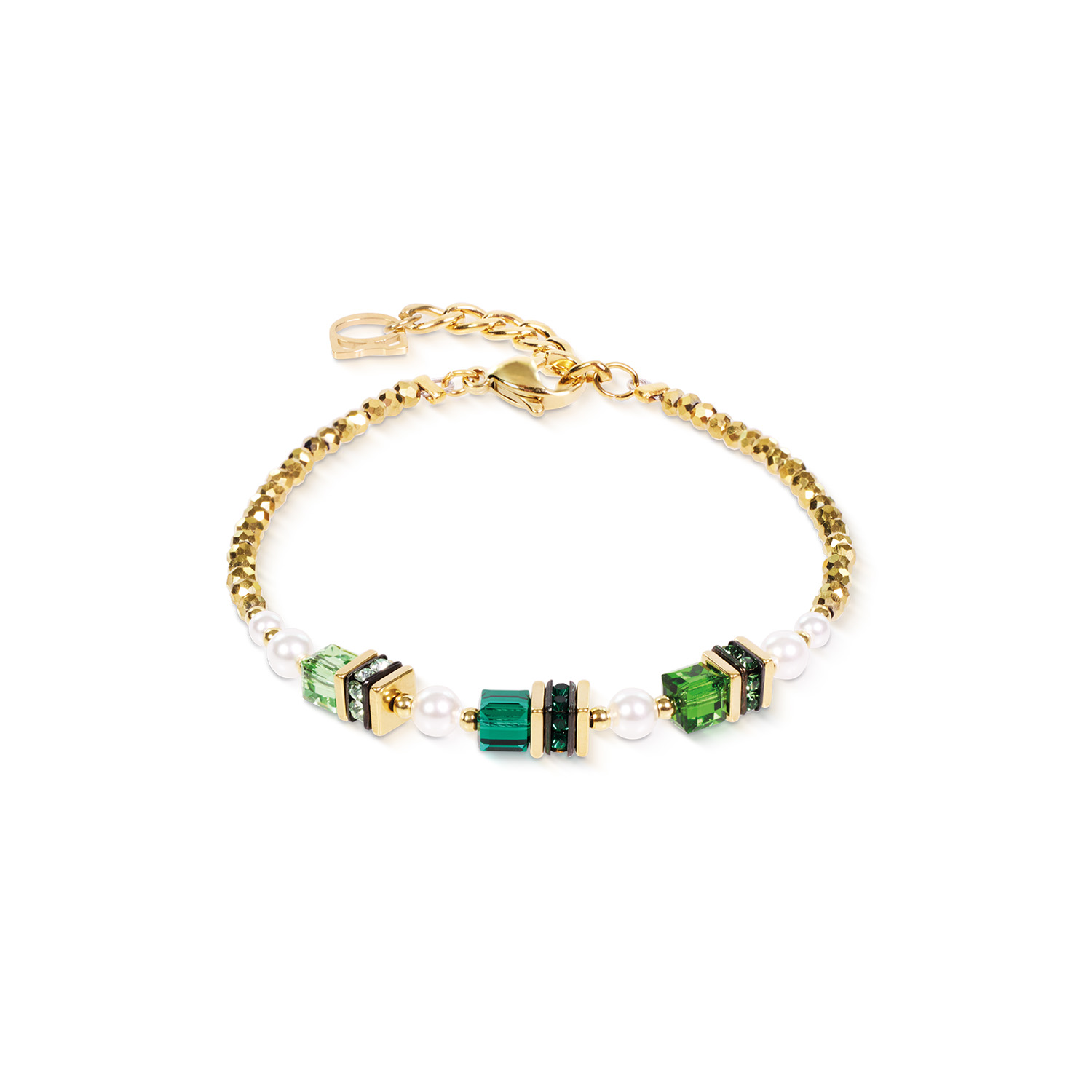 De COEUR DE LION Dames armband, modelnummer 4567-30-0516, combineert geometrische vormen met een groene kleur. Gemaakt van roestvrij staal, glanzend afgewerkt en nikkelvrij, biedt het comfort en stijl. Draag deze armband met de karabijnsluiting samen met casual of formele outfits voor een verfijnde look. Perfect om elke gelegenheid te verfraaien. 