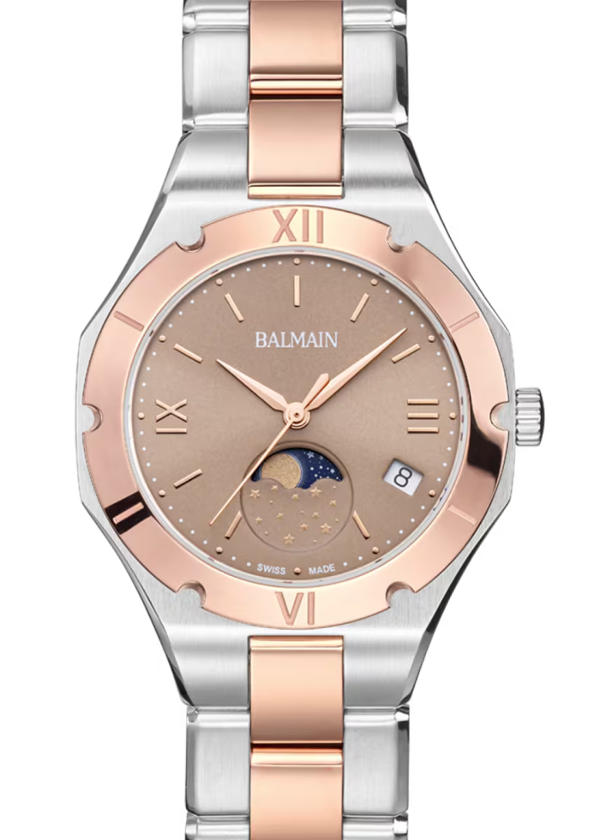 De Balmain Be Balmain Moonphase 33 mm onderscheidt zich door een geraffineerde kleurencombinatie en een bijzonder elegant ontwerp. De lichtbruine wijzerplaat straalt warmte en zachtheid uit, terwijl de ros&eacute;- en zilverkleurige afwerking het horloge een moderne, luxueuze uitstraling verleent.

Het subtiele samenspel van warme tinten en koele metaalnuances geeft dit uurwerk een uniek karakter. De verfijnde Romeinse cijfers en elegante uurmarkeringen benadrukken de klassieke horlogestijl, terwijl de decoratieve maanfaseweergave op de wijzerplaat een betoverend detail toevoegt. De voorstelling van de maan en sterren geeft het ontwerp een po&euml;tische dimensie en maakt van dit horloge meer dan alleen een tijdsaanduiding.

Met haar kastdiameter van 33 mm combineert de Be Balmain Moonphase een elegante vorm met een stijlvolle aanwezigheid om de pols. De bicolor uitstraling maakt dit model bijzonder veelzijdig en eenvoudig te combineren met andere juwelen, zowel voor dagelijks gebruik als voor feestelijke momenten.

Een verfijnd accessoire voor de vrouw die houdt van warme kleuren, bijzondere details en een elegante uitstraling met een subtiele luxueuze toets.
