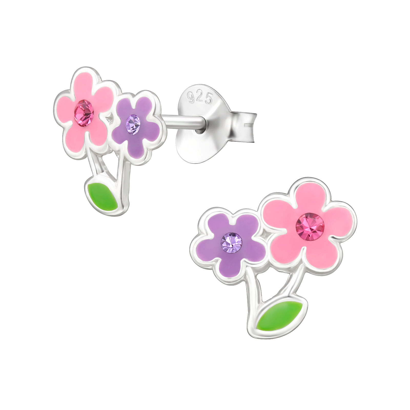 Zilveren bloemen oorstekers roze en paars | 49240