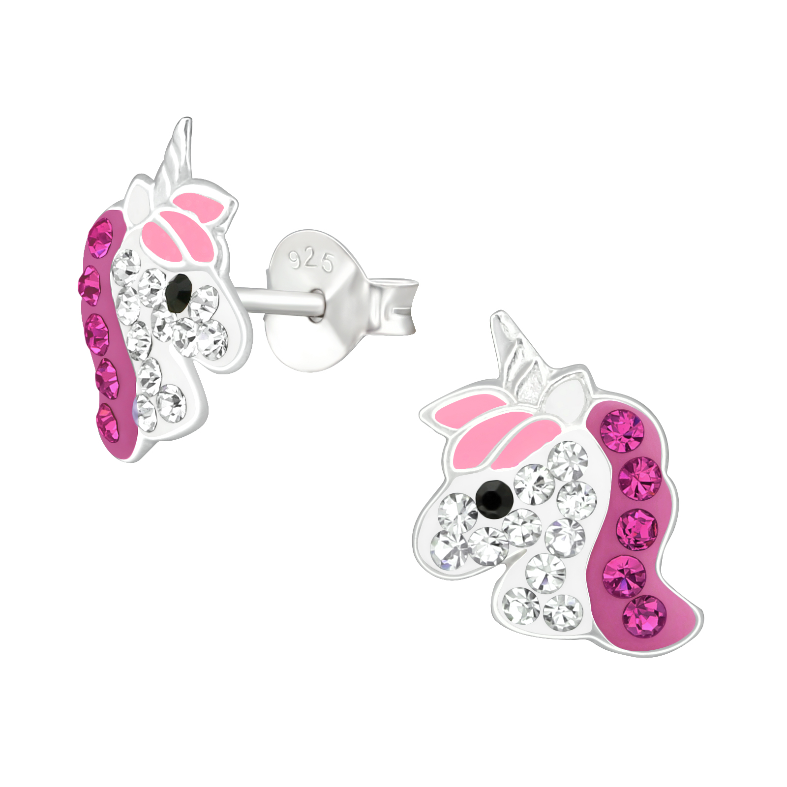 Zilveren unicorn oorstekers roze met zirkonia | 50317