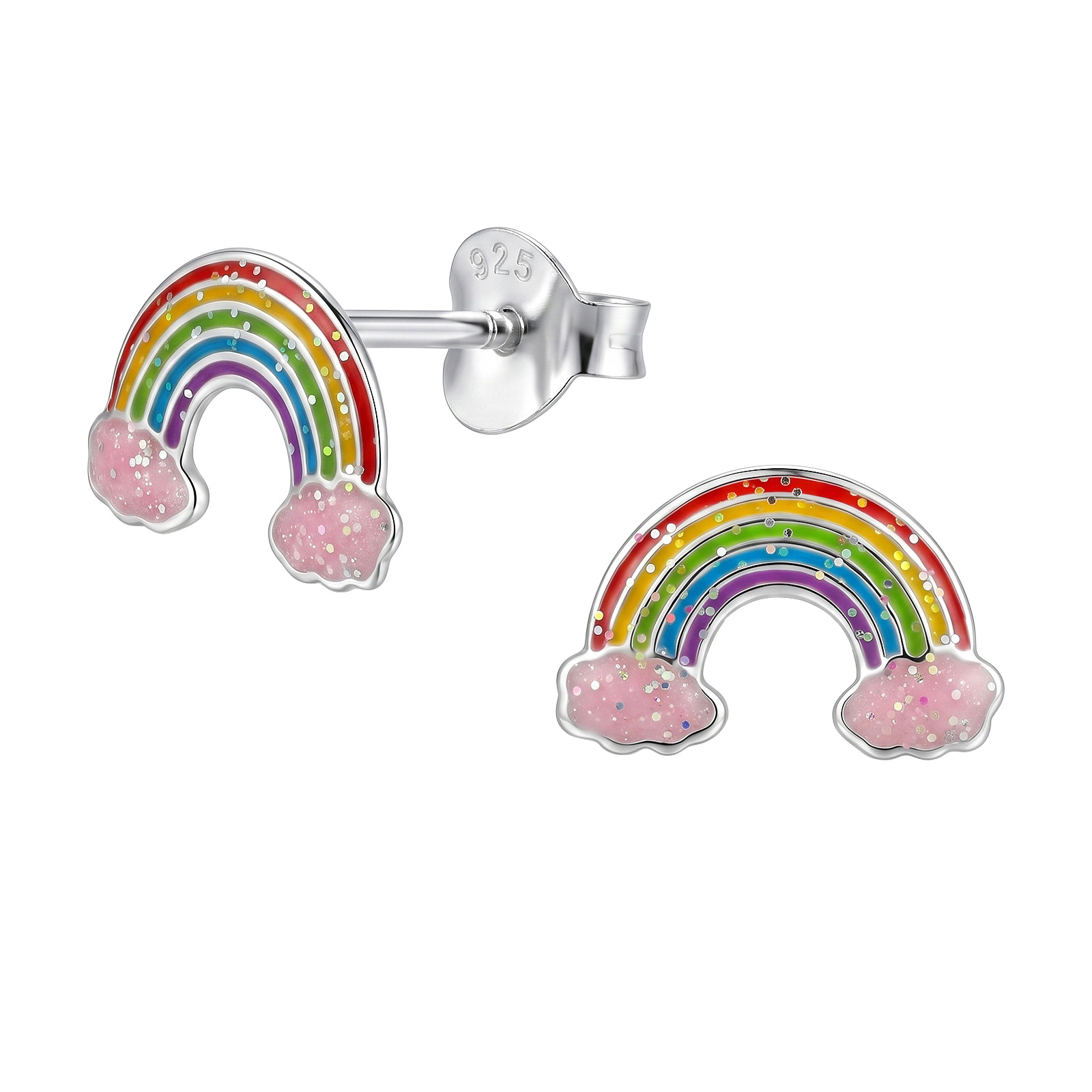 Zilveren regenboog oorstekers met roze wolkjes | 50696