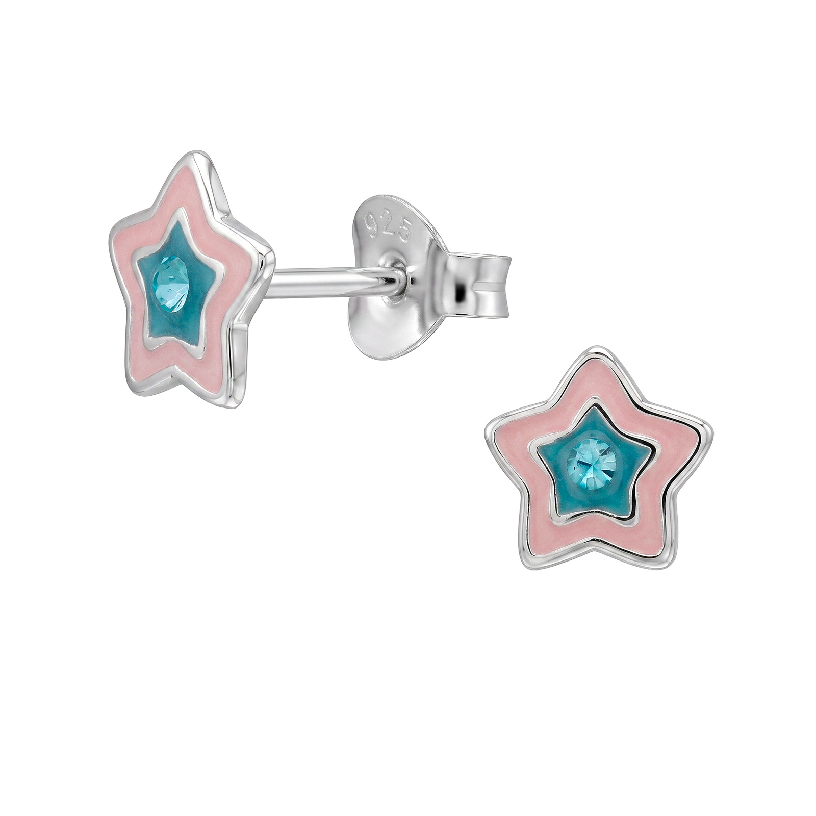 Zilveren ster oorstekers roze en turquoise | 50981