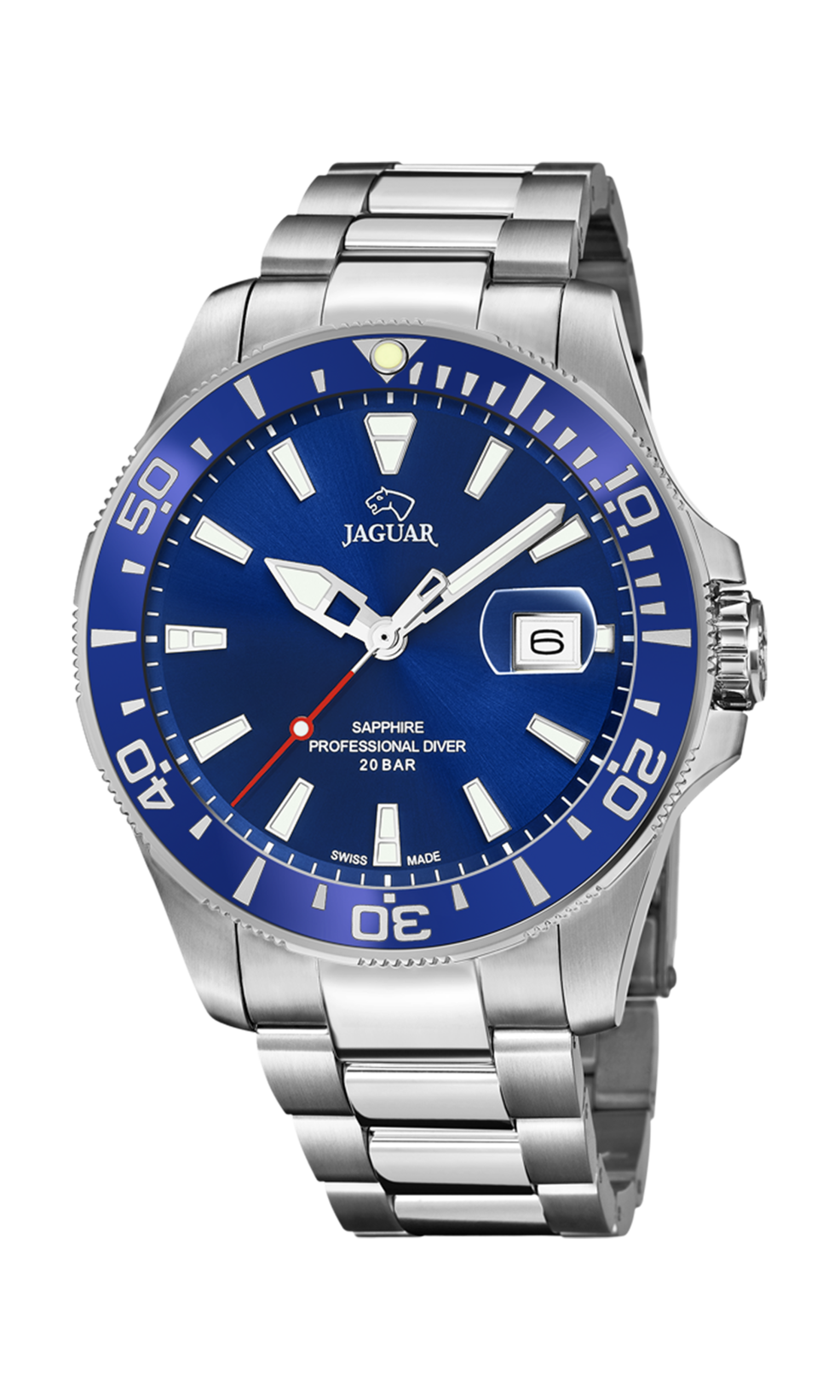 Jaguar horloge heren blauwe wijzerplaat, saffier glas en Zwitsers binnenwerk. Waterdichtheid 20ATM.