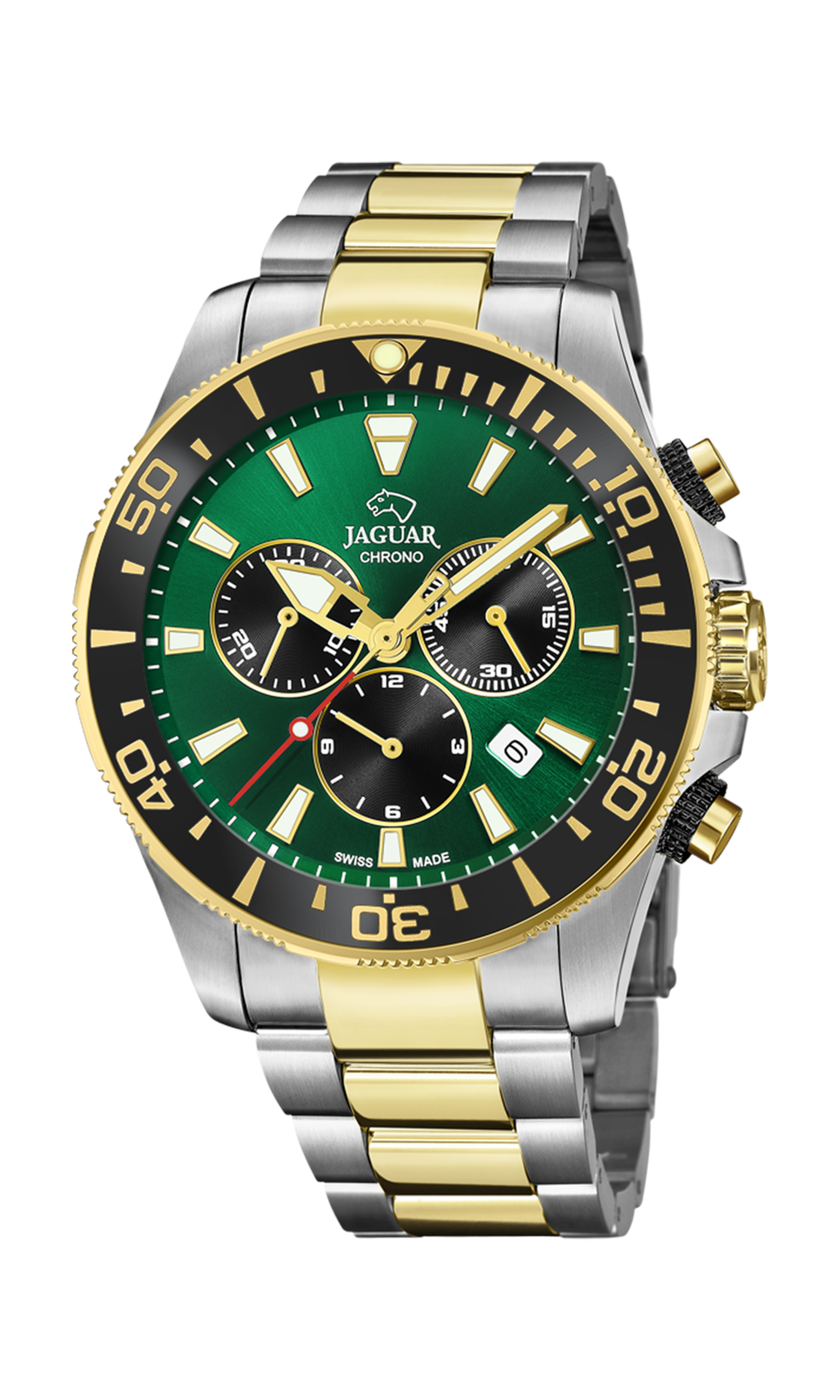Uurwerk Jaguar heren chrono bicolor groene wijzerplaat, saffier glas en Zwitsers binnenwerk.