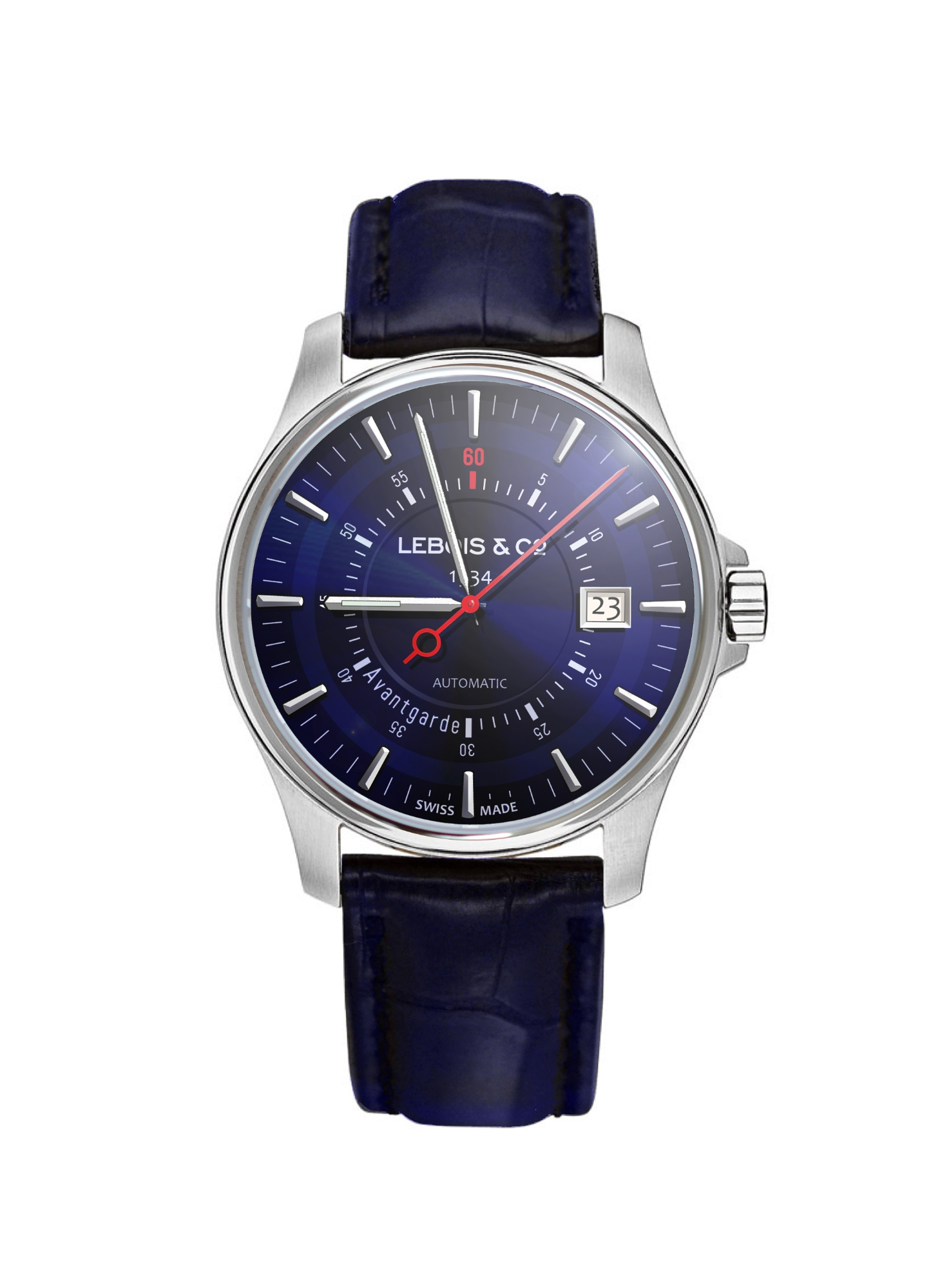 Polshorloge Lesbois & Co Avantgarde Date met blauwe wijzerplaat en blauwe krokoband.
