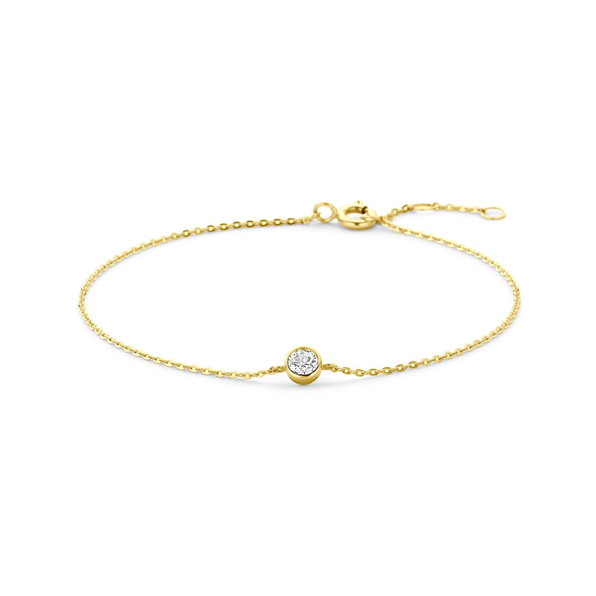 9k Geelkleurige armband met zirkonia. De armband heeft lengtes van 16.5-17.5-18.5cm en een schakelbreedte van 0.9mm.