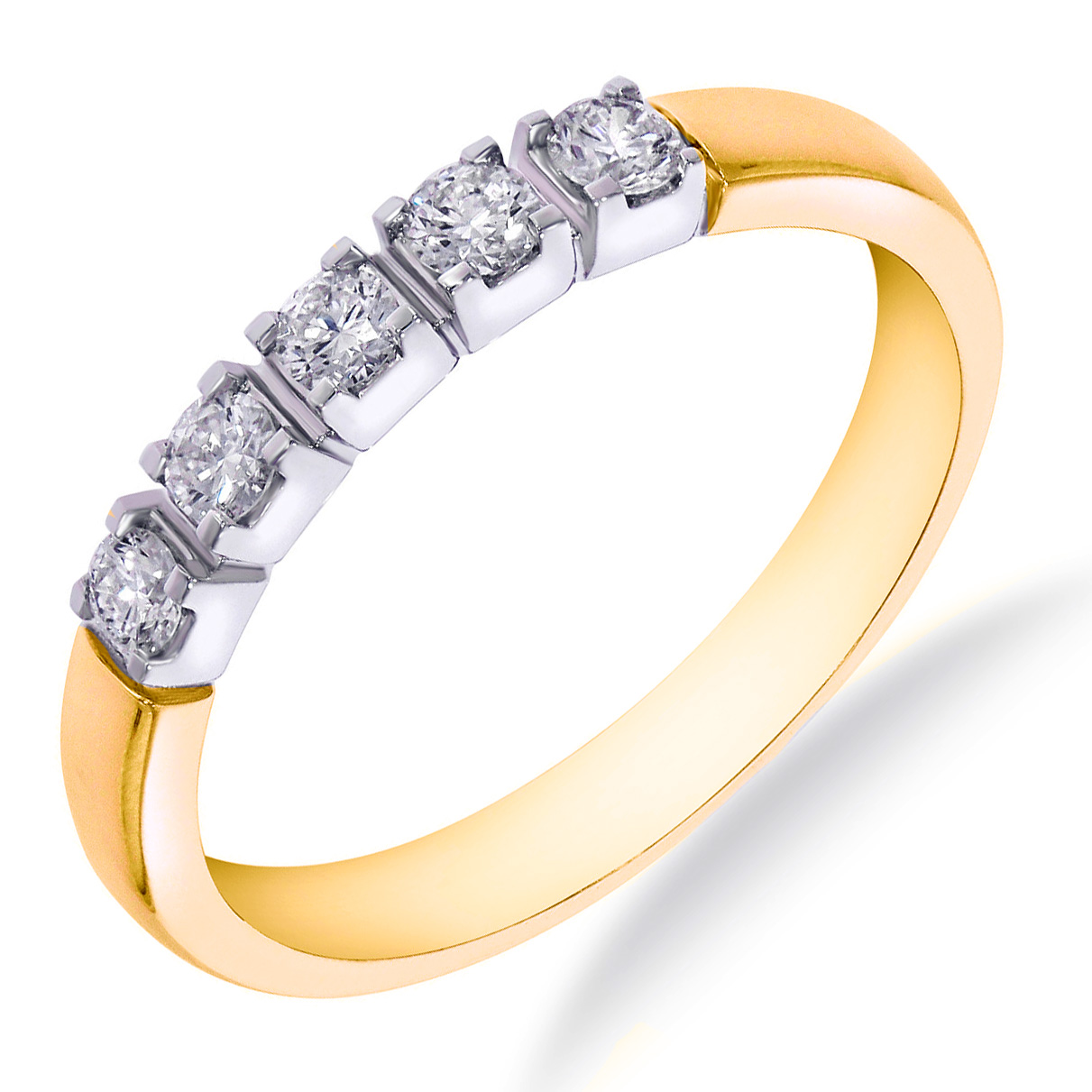 Een 14 krt geelgouden memoire ring in witgouden zettingen 5 diamanten briljant geslepen totaal 0.25 Crt G SI