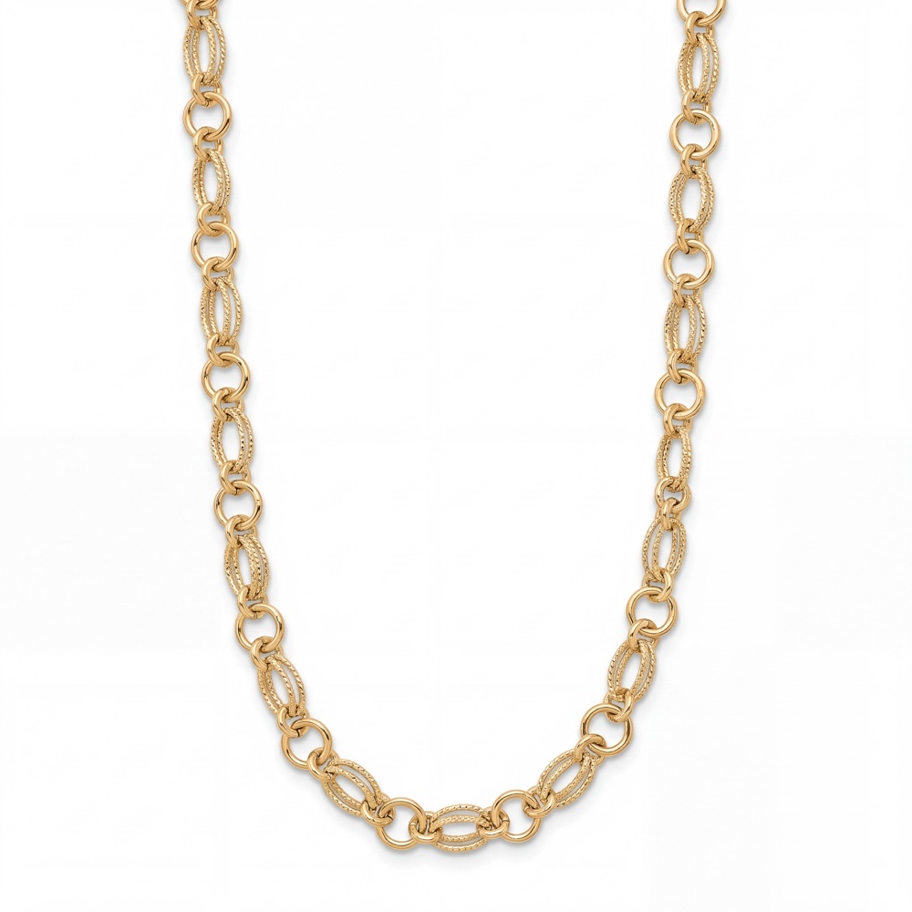 Ambachtelijke Luxe: Exclusief Handgemaakt 18 Karaat Geelgouden Collier (45 cm / 6.9 gram)

Laat je betoveren door het unieke meesterschap van dit exclusieve handgemaakte 18 karaat geelgouden dames collier. Het sieraad onderscheidt zich door een verfijnde afwisseling van gladde, ronde gouden schakels en ovale, dubbele schakels die voorzien zijn van een gedetailleerde, gegraveerde textuur. Dit ambachtelijke bewerkte patroon vangt het licht vanuit elke hoek, wat zorgt voor een schitterend en rijk effect rond de hals.

Het collier is volledig met de hand vervaardigd uit hoogwaardig 750 18k geelgoud en heeft een solide gewicht van ca. 6,9 gram. Met een lengte van 45 cm valt het sieraad heel elegant op het sleutelbeen. Een waar pronkstuk voor de liefhebber van uniek vakmanschap en tijdloze elegantie.