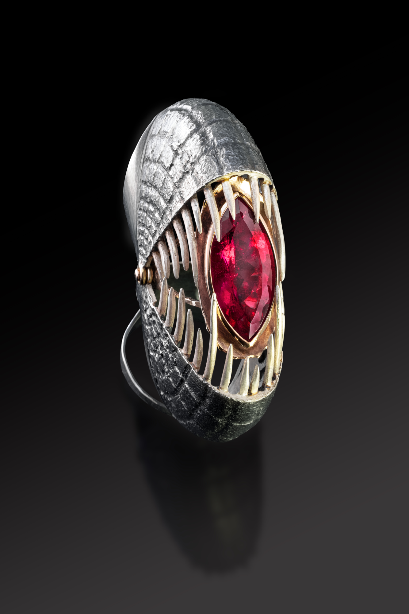 2. Preis Deutscher Schmuck-und Edelsteinpreis 
Idar Oberstein 2023

 aus teils geschw&auml;rztem Silber, Rotgold und Rubellit.

"Der Preistr&auml;ger hat sich bei seinr Wettbewerbsarbeit nach eigenem Bekunden von den schaurigen Wesen der Tiefsee inspirieren lassen - allen voran vom Anglerfisch mit seinem Arsenal an spitzen Z&auml;hnen. &bdquo;Sobald der mutige Ringtr&auml;ger das Schmuckst&uuml;ck auf den Finger steckt", so der Preistr&auml;ger, &bdquo;erwacht das Wesen zum Leben und &ouml;ffnet mit jeder Bewegung des Fingers sein bedrohliches und zugleich kostbares Maul, in dem eine funkelnde Rubellit-Navette schlummert." Juror Hannes Brandtner lobte die kreativ-witzige und handwerklich &uuml;beraus anspruchsvolle Umsetzung des gestellten Wettbewerbsthemas mit dem tollen &Uuml;berraschungseffekt. Auch f&uuml;r Jurymitglied Frank
Fr&uuml;hauf ein zun&auml;chst v&ouml;llig unscheinbares St&uuml;ck, das - sobald es sich &ouml;ffnet - den Betrachter geradezu &uuml;berw&auml;ltigt.
Die Jury entschied einstimmig"