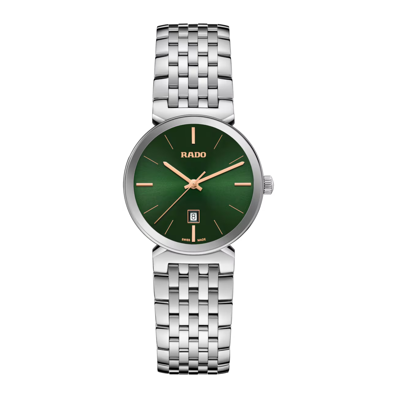 Sommige horloges vertellen de tijd. Andere geven elk moment een vleugje luxe. De Rado Florence 30 mm doet het allebei, met een onweerstaanbare combinatie van Zwitserse precisie, verfijnde elegantie en een opvallende diepgroene wijzerplaat.

De intense smaragdgroene tint vormt een prachtig contrast met de ros&eacute;goudkleurige wijzers en uurmarkeringen. De gepolijste roestvrijstalen kast en de stijlvolle metalen schakelarmband zorgen voor een luxueuze uitstraling die moeiteloos past bij zowel een zakelijke outfit als een elegante avondlook.

De subtiele datumaanduiding op zes uur maakt het geheel compleet. Dankzij het slanke silhouet en de verfijnde diameter van 30 mm draagt dit horloge bijzonder elegant om de pols.

Een vleugje glamour, een tijdloos design en een persoonlijk statement &mdash; elke seconde opnieuw.