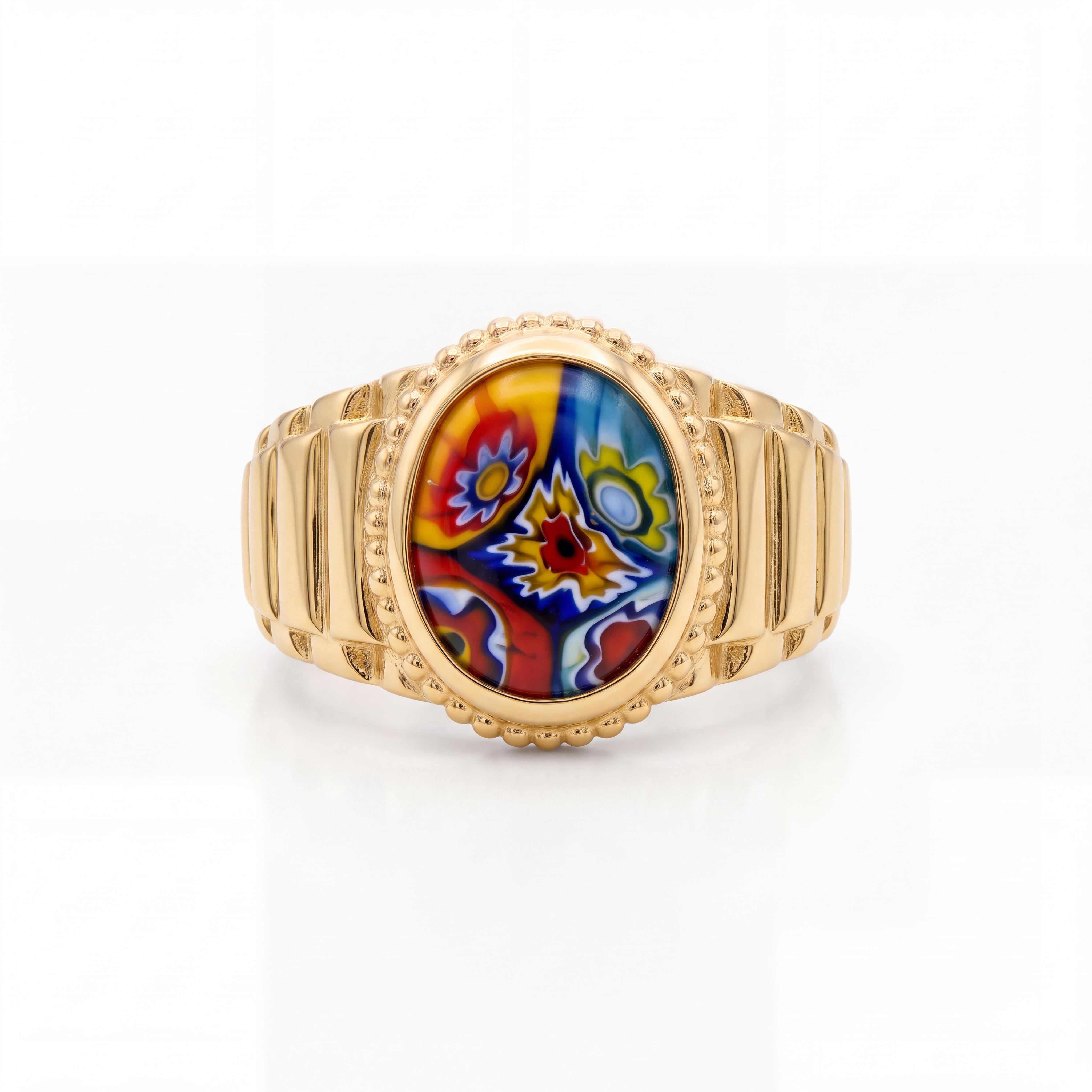 De 18K Gouden Alakondre Ring van Juwelier Rijk in Amsterdam is een prachtige ring met een ovaal Millefiori glas en bloemenmoza&iuml;ek. Perfect te combineren met stijlvolle outfits voor speciale gelegenheden.