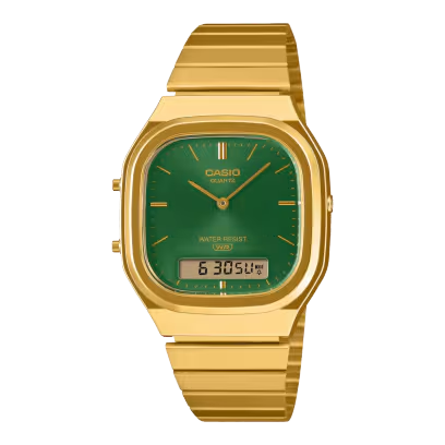 Der Casio Digital Analog Metallband in Gelb, Modellnummer AQ-240EG-3AEF, ist eine vielseitige Armbanduhr. Sie kombiniert digitale und analoge Anzeigen und ist robust konstruiert. Das gelbe Metallarmband verleiht der Uhr einen auff&auml;lligen Look. Tragen Sie sie am Handgelenk f&uuml;r einen sportlich-modernen Stil, der sowohl im Alltag als auch zu besonderen Anl&auml;ssen perfekt passt.