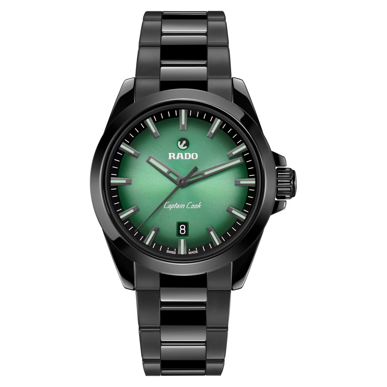 De Rado Captain Cook Discover belichaamt Zwitserse luxe in een krachtig, tijdloos design. De diepgroene wijzerplaat vormt een exclusief contrast met de zwarte High-Tech Ceramic kast en band, verfijnd afgewerkt voor een uitzonderlijke uitstraling en draagcomfort.

Het automatische uurwerk, de gangreserve tot 80 uur en het gebogen saffierglas onderstrepen het technische raffinement van dit bijzondere horloge.

Een statement van moderne elegantie, ontworpen voor wie compromisloze kwaliteit en onderscheidende stijl waardeert.

5 jaar internationale garantie.