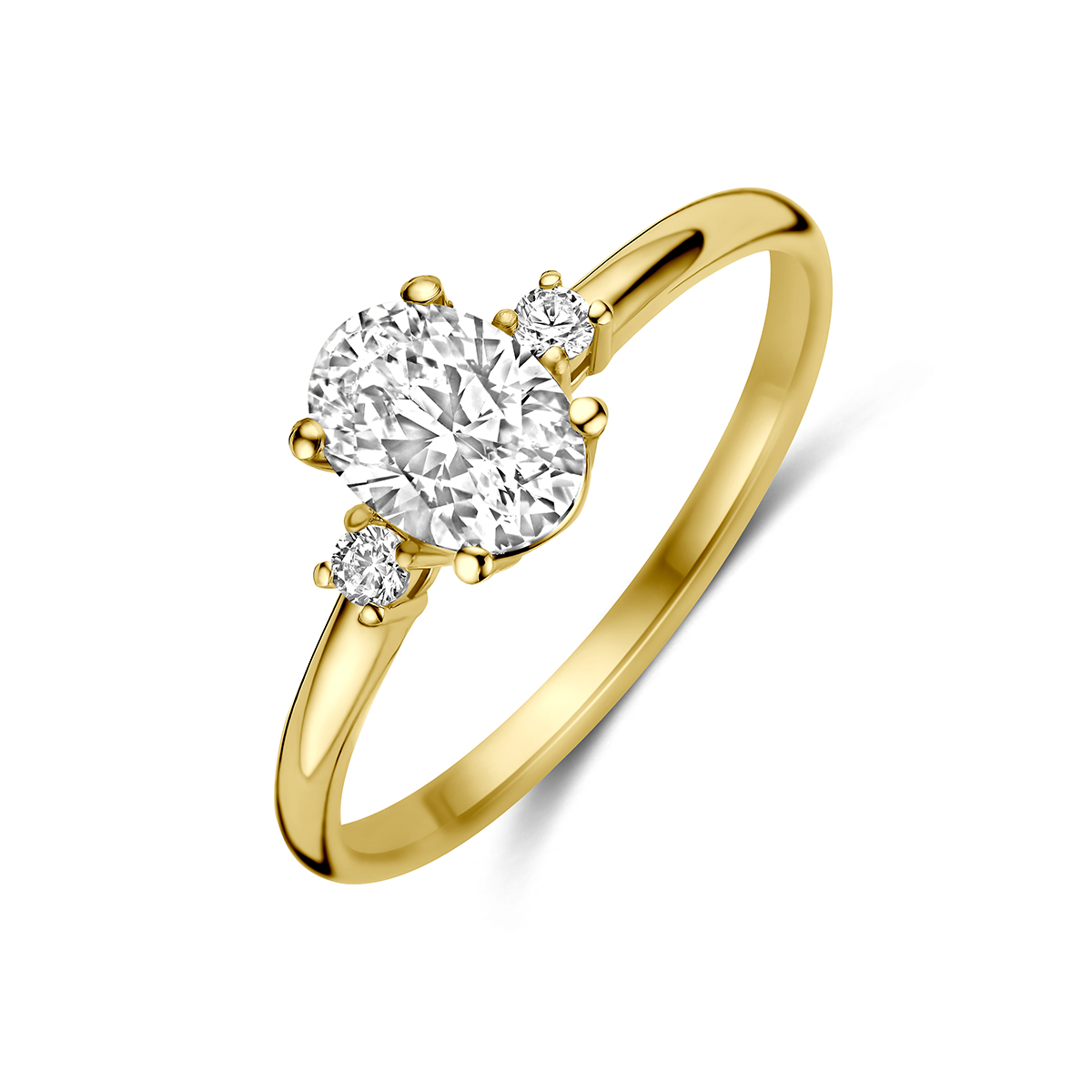 9k Geelkleurig ring met zirkonia. De ring heeft een breedte van 7mm.