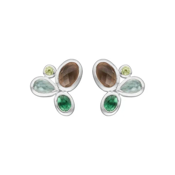 Deze sterling zilveren oorknoppen zijn elk versierd met een 6 x 4 mm rookkwarts, een 5 x 3 mm blauwe kwarts, een 4 x 3 mm groene kwarts en een 2 mm peridoot.