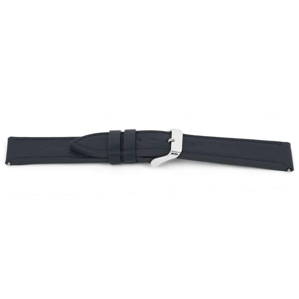 Hoogwaardig lederen horlogeband, blauw, glad en gestikt. 
Kleur band: Blauw
Band dikte: 3.4mm
Band lengte:80/120
Band breedte: 20x18mm
Gesp: Edelstaal
Bekleding binnenband: Nubuck
Gestikt: Ja
Pushpin: Inclusief
Hypo allergisch: Ja
NFC Chip: Nee
Waterproef: Nee
EAN: 4780263622206