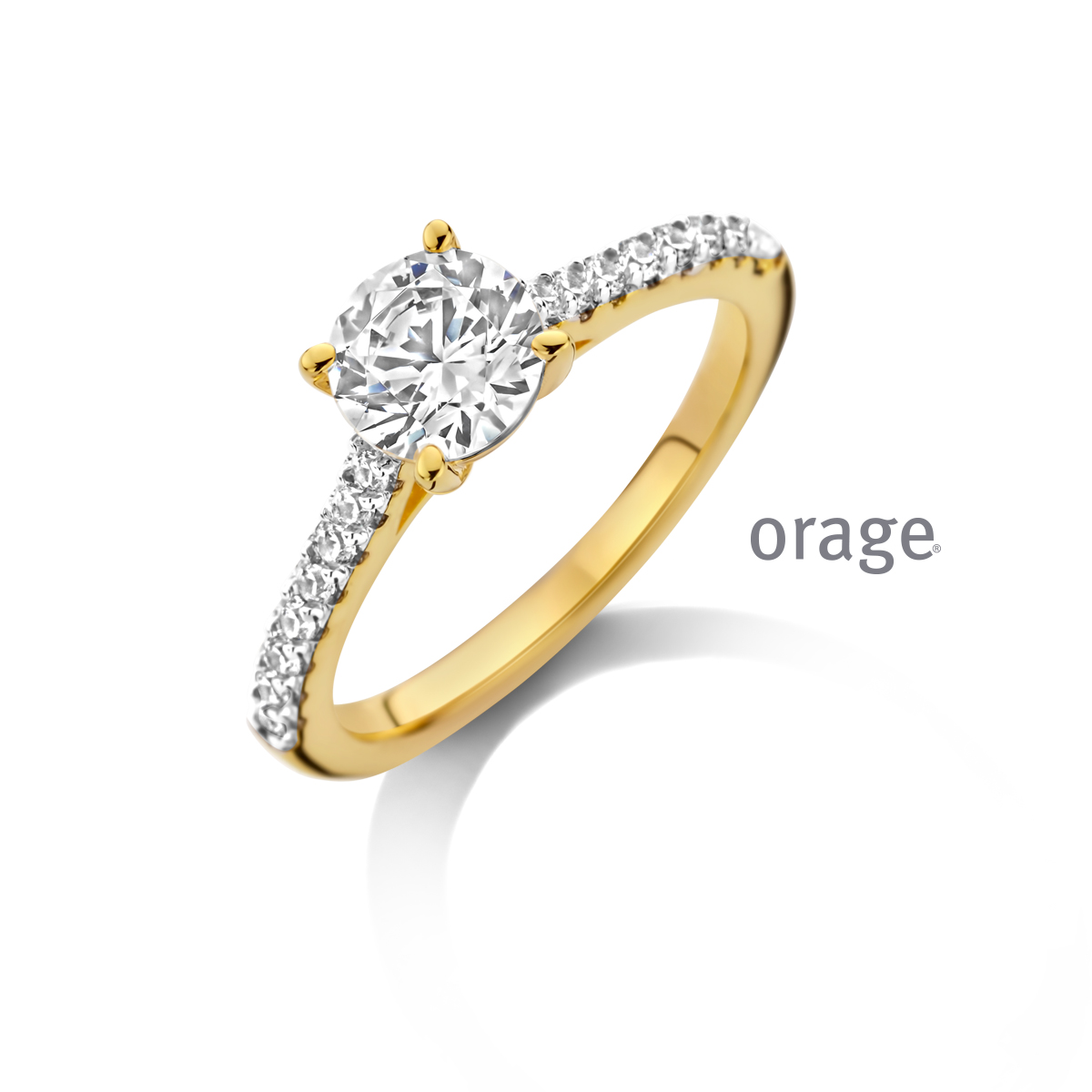 Orage Ring solitaire met zijstenen verguld geel CZ (V/39)