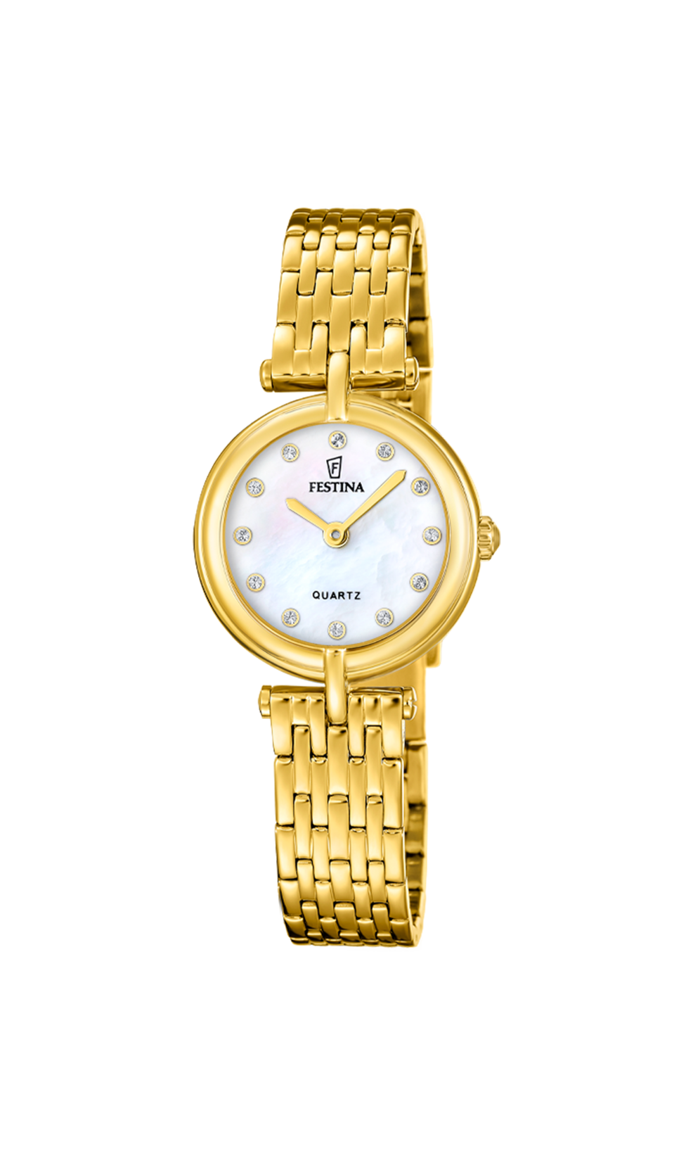 Dames festina met geelkleurige band en kast. Elegant model met parelmoer wijzerplaat en steentjes.