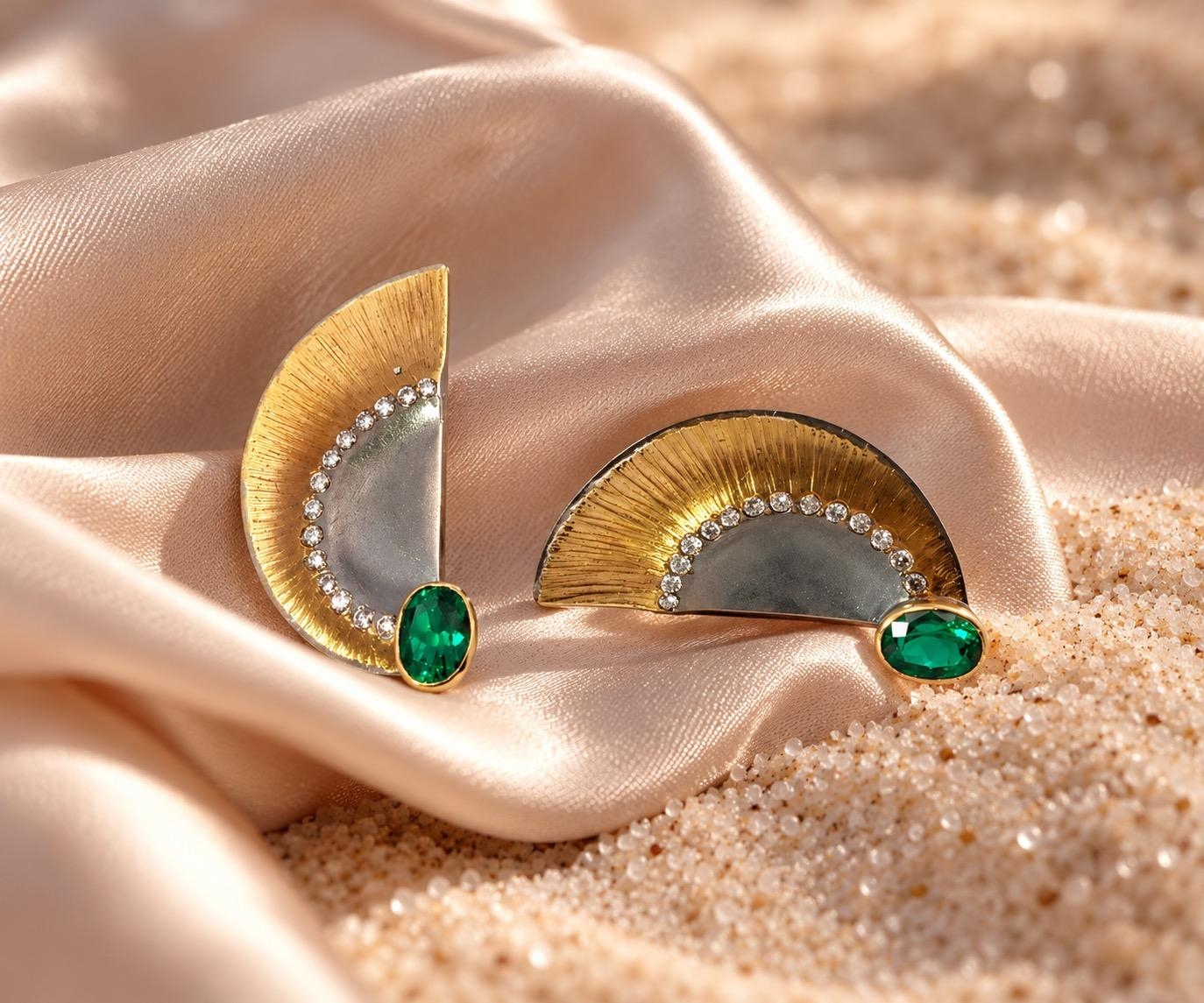 SMARAGD & BRILLANTEN &ndash; EIN SPIEL AUS LICHT, FORM UND FARBE

Au&szlig;ergew&ouml;hnlicher Ohrschmuck zwischen moderner Eleganz und individueller Goldschmiedekunst.

Diese ausdrucksstarken Ohrstecker vereinen die warme Ausstrahlung von Gold mit der k&uuml;hlen Eleganz von Silber zu einer spannenden, harmonischen Komposition.

Die f&auml;cherf&ouml;rmige Gestaltung mit ihrer fein strukturierten Goldoberfl&auml;che erinnert an die organischen Formen der Natur. Im reizvollen Kontrast dazu stehen die klaren, sanft geschwungenen Silberfl&auml;chen.

Jeweils 16 funkelnde Brillanten zeichnen die geschwungene Linie zwischen den beiden Edelmetallen nach und verleihen den Schmuckst&uuml;cken eine besondere Leichtigkeit und Brillanz.

Den farblichen H&ouml;hepunkt bildet jeweils ein intensiv gr&uuml;ner Smaragd. Sein leuchtendes Gr&uuml;n setzt einen faszinierenden Akzent und unterstreicht die au&szlig;ergew&ouml;hnliche Formensprache.

Die bewusst unterschiedliche Ausrichtung der beiden Ohrstecker verleiht dem Paar eine moderne, lebendige Dynamik.

Ein Schmuckst&uuml;ck voller Pers&ouml;nlichkeit &ndash; kunstvoll, elegant und unverwechselbar.

Details

Material: Silber und Gold

Edelsteine: 2 gr&uuml;ne Smaragde

Diamanten: jeweils 16 Brillanten, insgesamt 32

Gestaltung: f&auml;cherf&ouml;rmig, mit fein strukturierter Goldoberfl&auml;che

Design: asymmetrisch ausgerichtetes Ohrschmuckpaar

Individuell. Ausdrucksstark. Zeitlos sch&ouml;n.