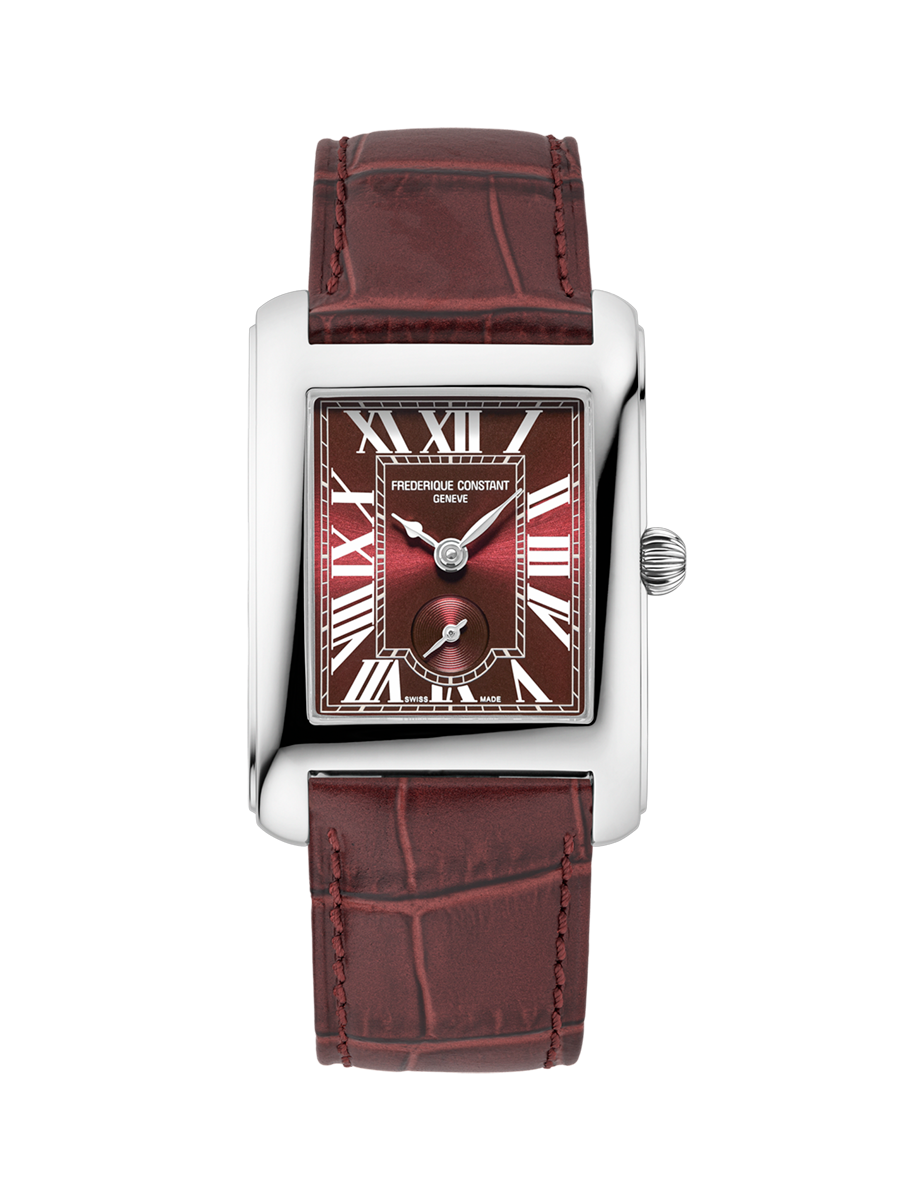 Een horloge dat meteen alle blikken naar zich toe trekt! De Frederique Constant Classics Carr&eacute;e Small Seconds schittert met een prachtige bordeauxrode wijzerplaat, waarvan de warme kleurschakeringen zorgen voor een bijzonder luxueuze uitstraling.

De elegante rechthoekige kast van 36 mm, de verfijnde Romeinse cijfers en de sierlijke zilverkleurige wijzers brengen de charme van klassieke horlogerie helemaal tot leven. De kleine secondewijzer op 6 uur voegt een subtiel en verfijnd detail toe, terwijl de bijpassende bordeauxrode lederen band met krokodilmotief het geheel een stijlvolle finishing touch geeft.

Een gedurfd maar bijzonder elegant horloge voor wie graag n&eacute;t dat tikkeltje anders kiest. Tijdloze Zwitserse klasse, met een verrassend speelse en eigentijdse uitstraling.