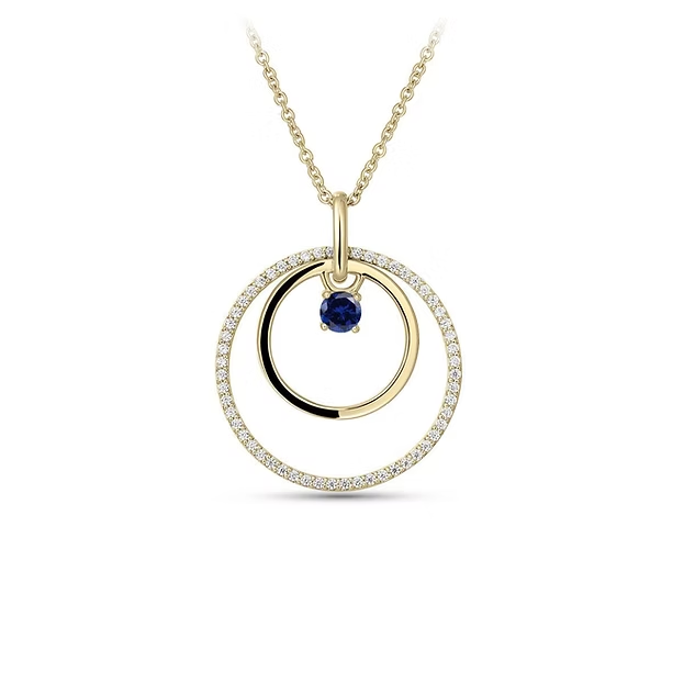 ketting met zilveren vergulde hanger gezet met zirconium  en centrale blauwe zirconium